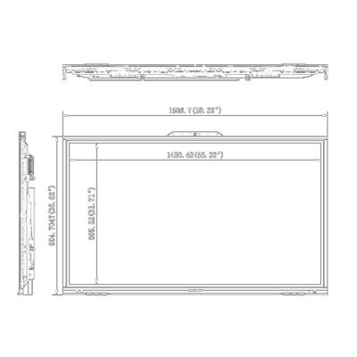 Desenho técnico de um monitor retangular com medidas em milímetros e polegadas.