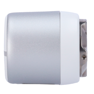 Objeto metálico prateado com parte branca e peça metálica na extremidade