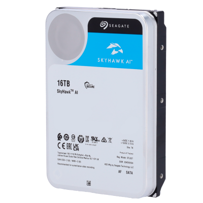 Disco rígido Seagate SkyHawk AI 16TB com etiqueta azul e preta