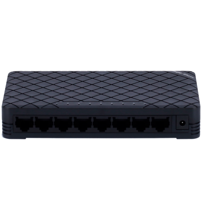 Comutador de rede preto com oito portas Ethernet e textura em relevo