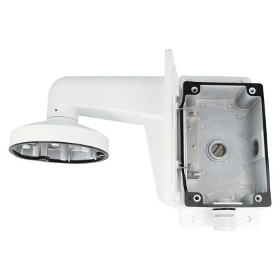 Suporte de parede branco para câmera de vigilância com base circular e caixa de proteção metálica