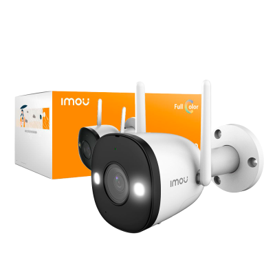 Câmara de segurança sem fios branca e preta da marca Imou com antenas e luzes LED