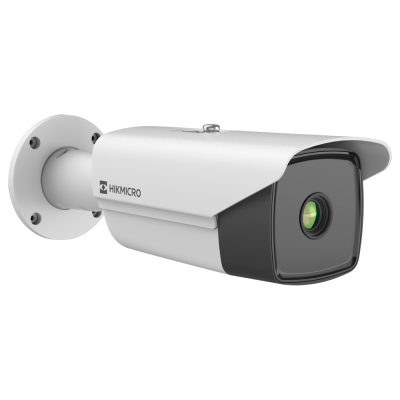 Câmara de vigilância branca e preta com lente verde e suporte de fixação.