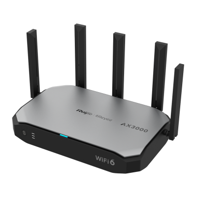 Router WiFi 6 AX3000 prateado e preto com cinco antenas