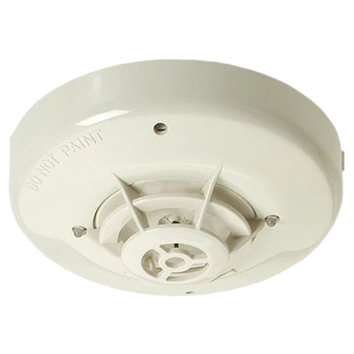 Detector de fumo branco redondo com inscrição e parafusos