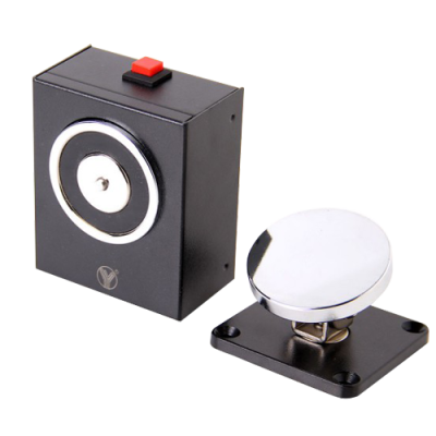 Campainha eletrónica preta com botão vermelho e suporte metálico prateado