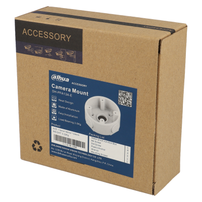 Caixa de suporte para câmara Dahua em papelão castanho com etiqueta azul e preta