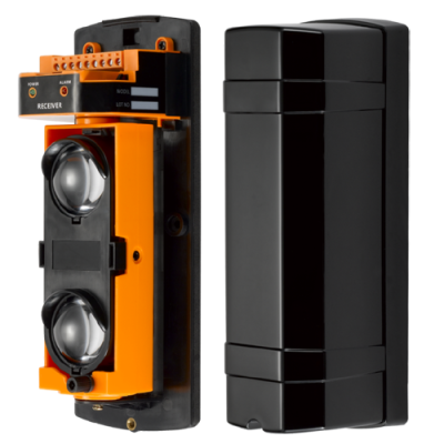 Sensor óptico de barreira de segurança preto com detalhes laranja e lentes transparentes