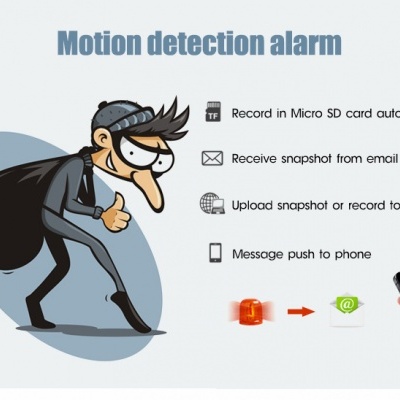 Ilustração de ladrão e funcionalidades de alarme de deteção de movimento com texto funcional