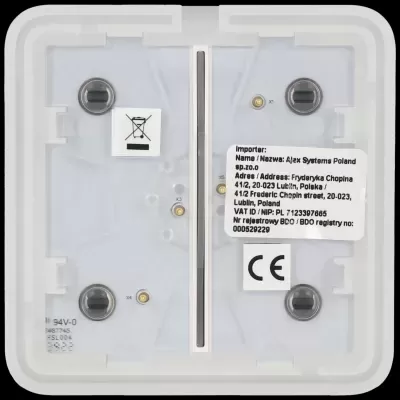 Painel quadrado branco e cinzento de plástico com etiquetas e detalhes técnicos