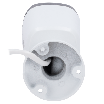 Câmara de vigilância branca com cabo e base circular cinza