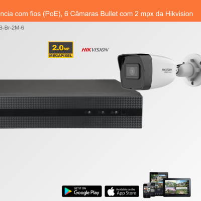 Sistema de videovigilância Hikvision com 6 câmaras Bullet 2.0 MP e caixa preta