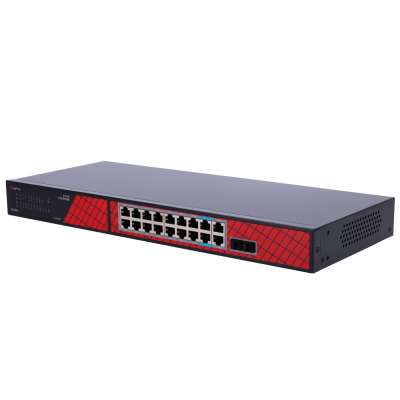 Switch de rede Ethernet cinza escuro com painel vermelho e 16 portas RJ45