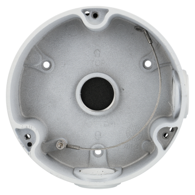 Caixa de montagem circular metálica cinzenta com orifícios e cabo de metal