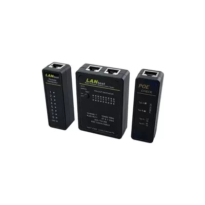 Dispositivos para teste de cabos de rede LAN test e POE CHECK pretos