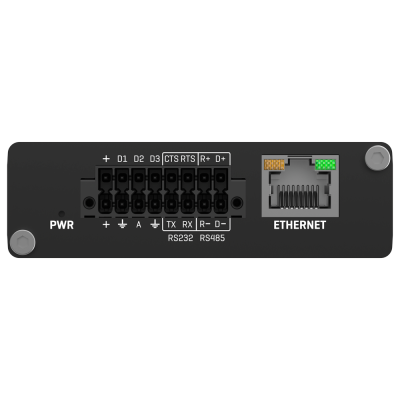 Painel traseiro com conectores de alimentação, terminais e porta Ethernet RJ45