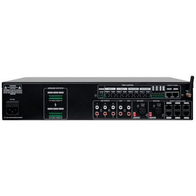 Amplificador Power preto com saídas, controlo de tom e antena bluetooth