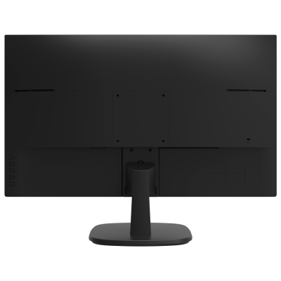 Monitor de computador preto visto de trás com suporte e base