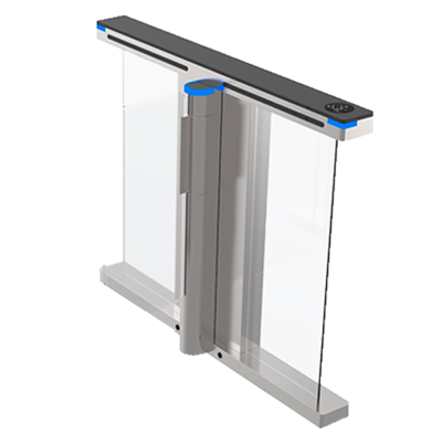 Porta automática de passagem com painéis transparentes e estrutura cinza