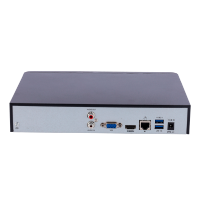 Aparelho eletrônico preto com portas áudio, VGA, HDMI, USB e Ethernet