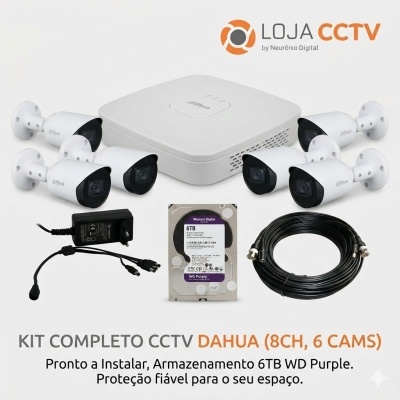 Kit completo de sistemas de vigilância Dahua com 6 câmaras, disco rígido e cabos.