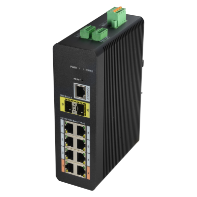 Switch Ethernet industrial preto com várias portas e conetores verdes