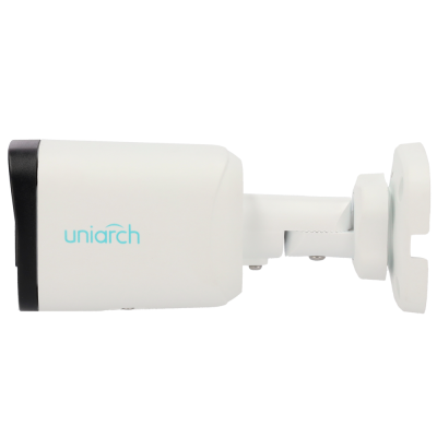 Câmara de segurança branca com suporte ajustável e logo uniarch azul
