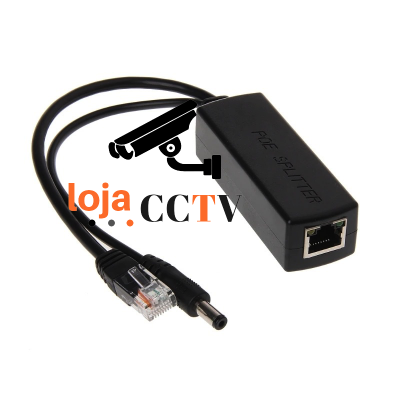 Divisor PoE preto com cabo DC e conector RJ45 num fundo branco com texto sobreposto