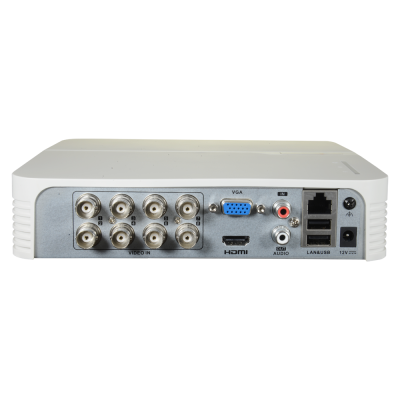 Dispositivo eletrónico branco com múltiplas portas e conectores na parte traseira