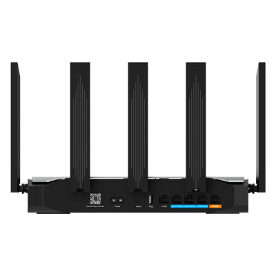 Roteador Wi-Fi preto com múltiplas antenas e portas Ethernet