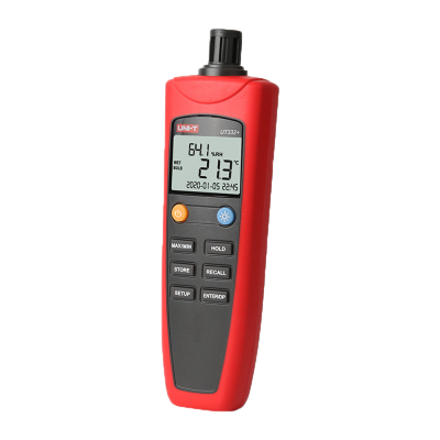Medidor digital vermelho e preto com ecrã LCD e botões