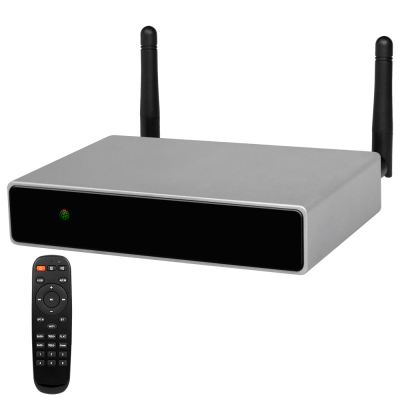 Receptor cinzento com painel preto e comando preto com botões.