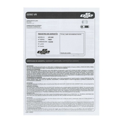 Certificado de garantia da Série VR da metálica Olfe com campos para preenchimento