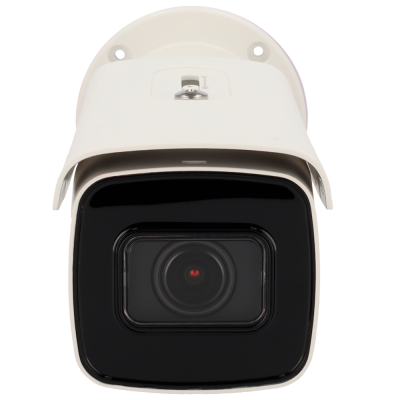 Câmara de segurança branca com lente preta montada numa base circular