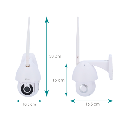 Câmara de vigilância branca NIVIAN com antena e suporte branco em fundo claro.