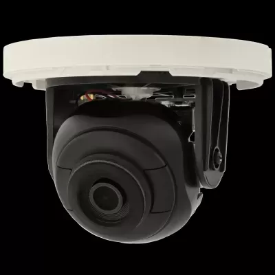 Câmara de vigilância de teto com lente preta giratória e estrutura branca