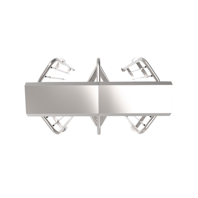 Mesa retangular e duas cadeiras de metal prateado vistos de cima