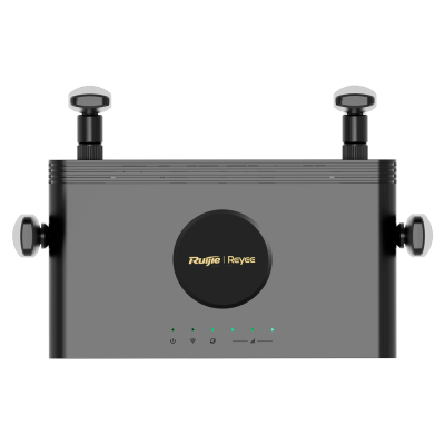 Roteador Ruijie Reyee cinza com duas antenas e luzes LED verdes