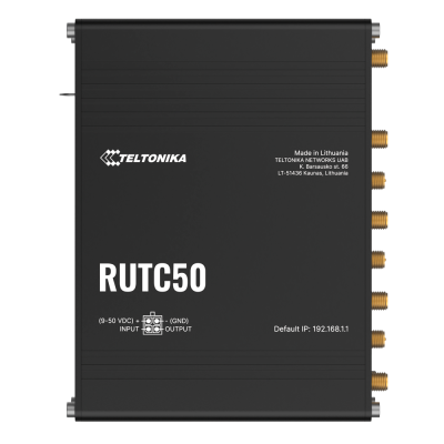 Roteador industrial preto Teltonika RUTC50 com conectores laterais dourados