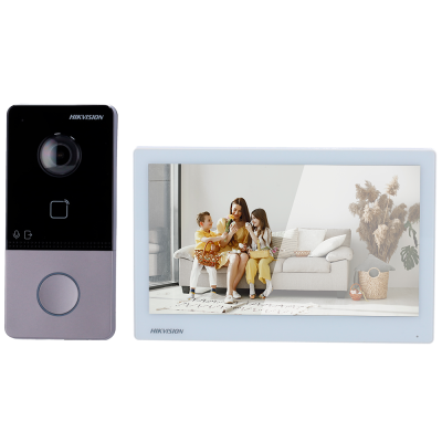 Sistema de vídeo porteiro HIKVISION com unidade exterior preta e cinza e monitor interior branco