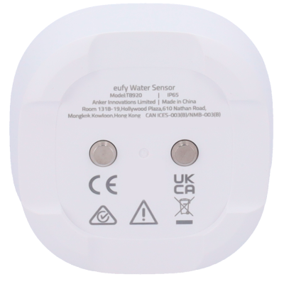 Base branca de sensor de água da eufy com modelo e certificações impressas