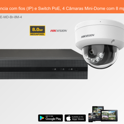 Sistema de videovigilância Hikvision com 4 câmaras Mini-Dome 8MP e switch PoE em fundo laranja