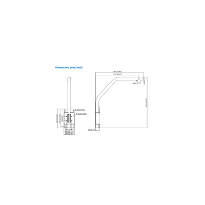 Desenho técnico com dimensões de peça metálica angular