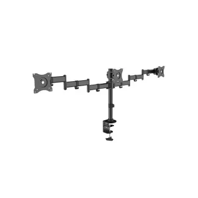 Suporte de secretária preto para três monitores com braços ajustáveis