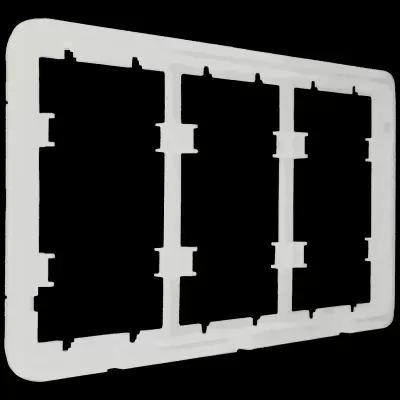 Suporte retangular de plástico branco com três divisões e bordas arredondadas