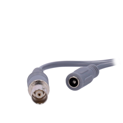 Cabo cinza com ficha BNC e ficha fêmea de alimentação elétrica.