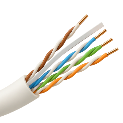 Cabo de rede branco com fios coloridos torcidos expostos