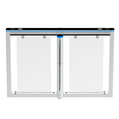 Porta automática dupla deslizante branca com painéis de vidro