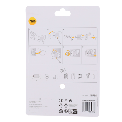 Embalagem traseira branca do produto Yale com instruções de instalação e informações de certificação.