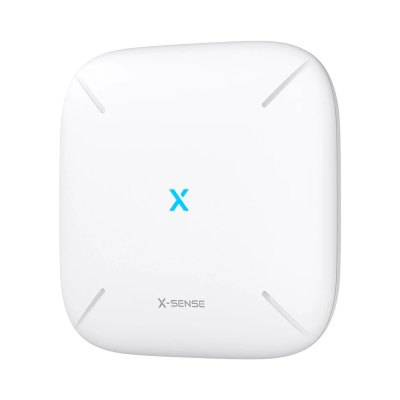 Dispositivo quadrado branco com logótipo azul X e texto X-SENSE